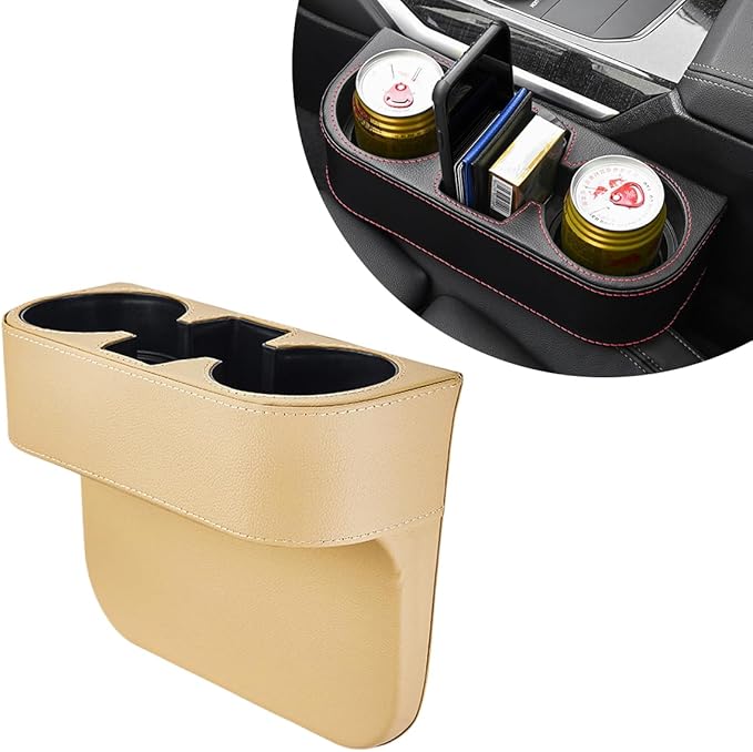 Car Cup Holder Gap Filler Organizer, Multifunctional Auto Front Console Gap Filler with Cup Holder, Leather Extra Cup Holder Storage Box for Car Truck SUV, Car Accessories (Beige)