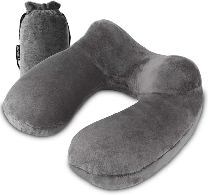 urophylla Inflatable Travel Pillow, Soft Velvet Inflatable Neck Pillow for Traveling, Airplanes, Train, Car, Office with Compact Bag, Breathable Washable Cover, Suit for Adults Sleeping - Grey