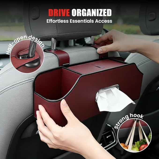 3-in-1 Car Backseat Organizer, 2026 Multifunctional Car Back Seat Storage Organize Box with Cup Holder Tissue Box, for Hold Phones, Snacks, Drinks, Handbags (Brown)