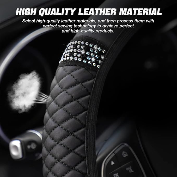 Bling Soft Leather Steering Wheel Cover, 15 Inch Colorful Rhinestones Auto Elastic Steering Wheel Protector, Sparkly Crystal Diamond for Women Girls, Car Accessories for Most Cars (Black)