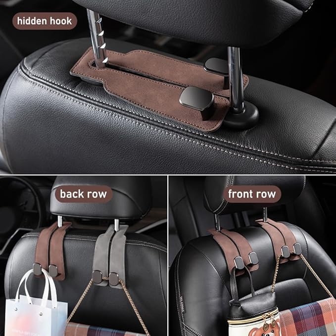 Leather Car Hooks, Car Back Seat Hooks, Car Headrest Hooks Universal for Bag Hooks, Ideal for Back Seat Storage﻿ (4pack-gray)