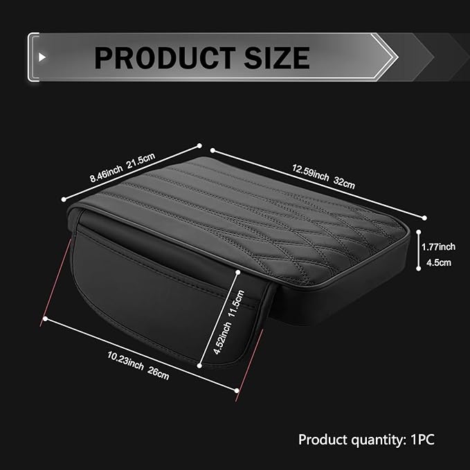 Car Center Console Cover, Memory Foam Armrest Increase Pad, Leather Car Armrest Box with Side Pockets, Universal for Most Cars (Black)