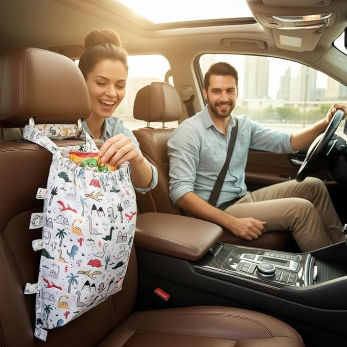 FLOCK THREE Leak-Proof Waterproof Car Trash Bag Foldable Multipurpose Trash bin Container Storage Cute Grocery Organizer Bag for Automotive Front or Back Seat in Cars SUVs and Trucks (Dino)