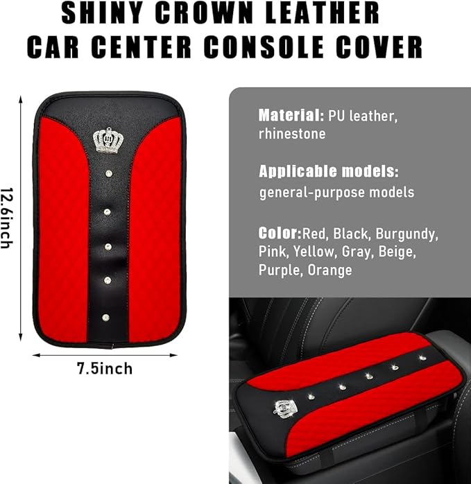 Bling Crown Car Center Console Mats, Anti-Slip and Waterproof Crystal Car Armrest Pad Protector, Universal Rustproof Armrest Decor Cushion for Cars & SUVs, Car Accessories (Red)