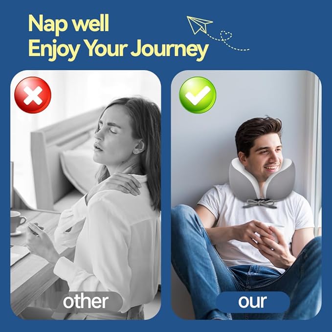 Letumalos Memory Foam Neck Pillow for Travel Adjustable Airplane Pillow 100 Percent Memory Foam Ergonomic Support for Sleeping on Flights Cars Office Home Use for Adults Men Women