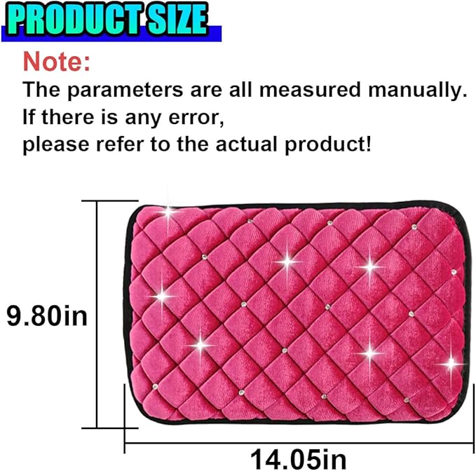 Bling Car Center Console Cover, Soft Comfortable Fluffy Car Armrest Cover, Crystal Rhinestone Seat Box Cushion Protector, Automotive Interior Decoration Accessories for Most Vehicles (Rose Red)