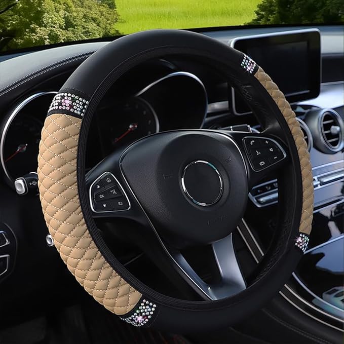 WLERIR Microfiber Leather Steering Wheel Cover with Anti-Slip Lining Universal Car Accessory for Steering Wheel with a Diameter of 14.5-15 inch (Beige)