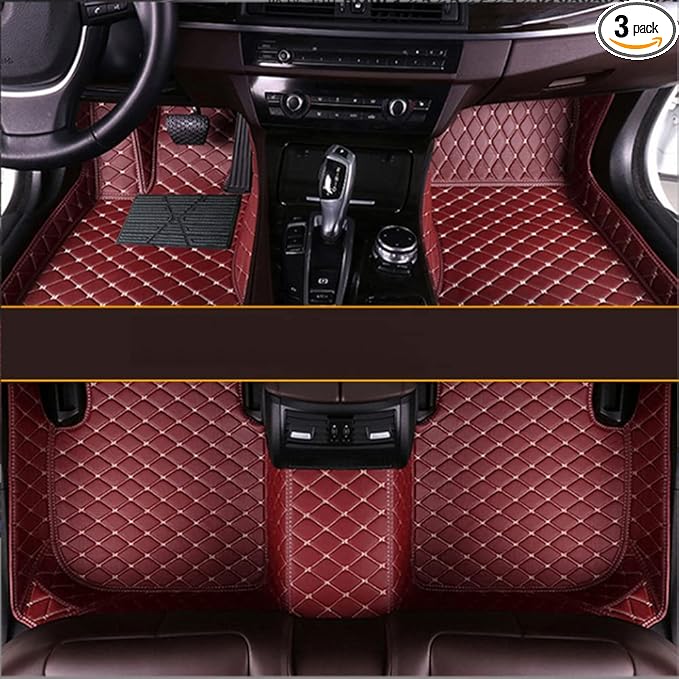 KaiLaiCarCustom Automotive Car Floor Mats for 99.99% Sedan SUV Sports Car Men Women Protection Full Coverage Pads Anti-Slip Leather Floor Lining… (Wine Mat Beige Line)
