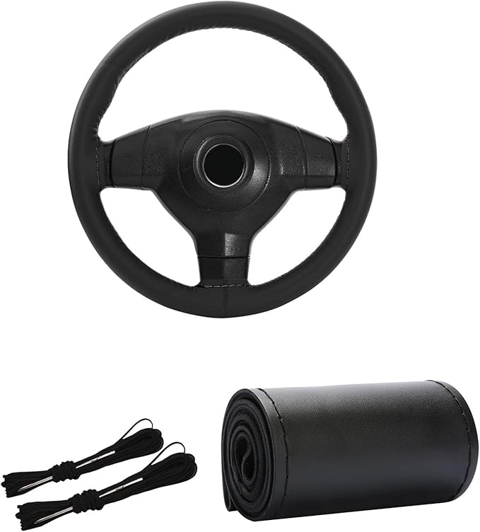 Kewucn Genuine Leather Steering Wheel Cover, 15" Universal Car Steering Wheel Protector with Needle Thread, Breathable Anti-Slip Steering Wheel Cover DIY Stitch on Wrap (Black, Glossy)