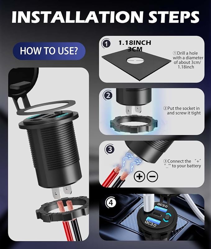 2 Pack Quad-Port 12V USB Outlet with Switch & LED - 78W Dual QC3.0 & Dual PD3.0 USB C Car Charger Socket for RV Motorcycle Marine Truck Golf Cart Boat Accessories