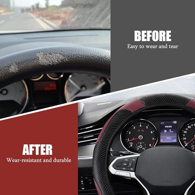 Car Steering Wheel Cover, Steering Wheel Protector, Universal 14.5-15 Inch Microfiber Leather Breathable Auto Steering Wheel Covers, Carbon Fiber Steering Wheel Cover for Women Men (Wine)