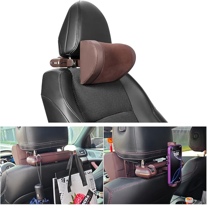 Mandark Car Neck Pillow, Memory Foam Vehicles Adjustable Support Headrest Pillow with Hook ＆ Tablet Phone Holder Mount, Multifunctional Auto Interior Accessories, Universal for SUV RV Truck (Brown)