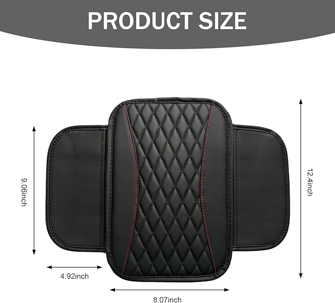 Car Center Console Cover, Patchwork Leather Armrest Cover Cushion with 2 Storage Bag, Waterproof Comfortable Auto Arm Rest Pad, Universal Center Console Protector for Sedan, SUV (Black)