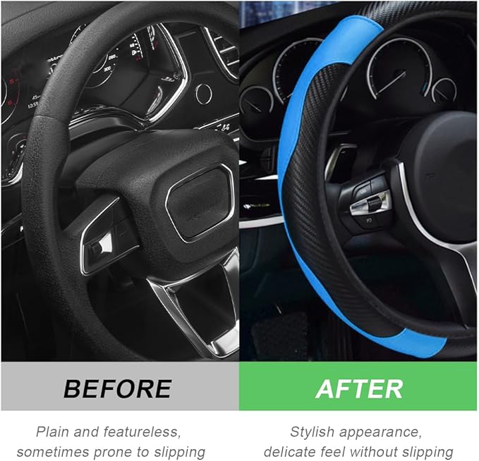 Car Steering Wheel Cover, 15 Inch Carbon Fiber Leather Stitching Color Steering Wheel Protector, Anti-Slip Elastic Breathable Steering Wheel Cover Stylish Decor for Most Cars (Black&Blue)