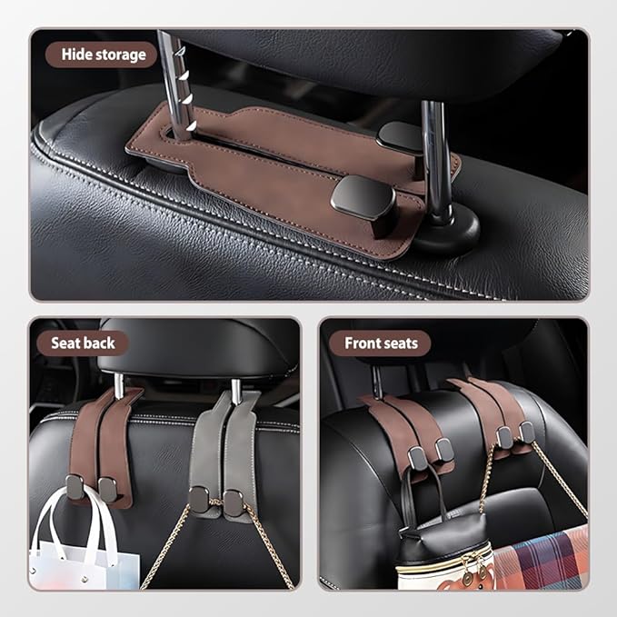 Medech Headrest Hooks for Car Car Seat Hooks for Headrest, 2025 Hooks for Purses and Bags Cute Car Purse Holder,Twinhook Leather Headrests Hangers Seat Back Organizers (Black-2pcs)