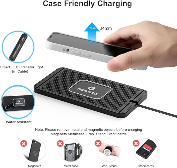 Wireless Charging Pad for Car, REESTECQI 15W Wireless Car Charger Pad Type C Charging Mat Non Slip [PD 40W Car Charger Incl] for Airpods iPhone 16/15/14/13/12, Samsung S24/S23/S22 (30CM Cable)