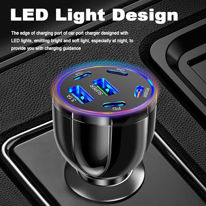 6 Port Car Charger USB C & USB A,75W Ultra-Fast Car Charger Adapter with Super/PD30W/PD/3.1A,Universal 12V/24V Cars Lighter USBs Adapter Cars Ports Chargers for Phone,Tablet