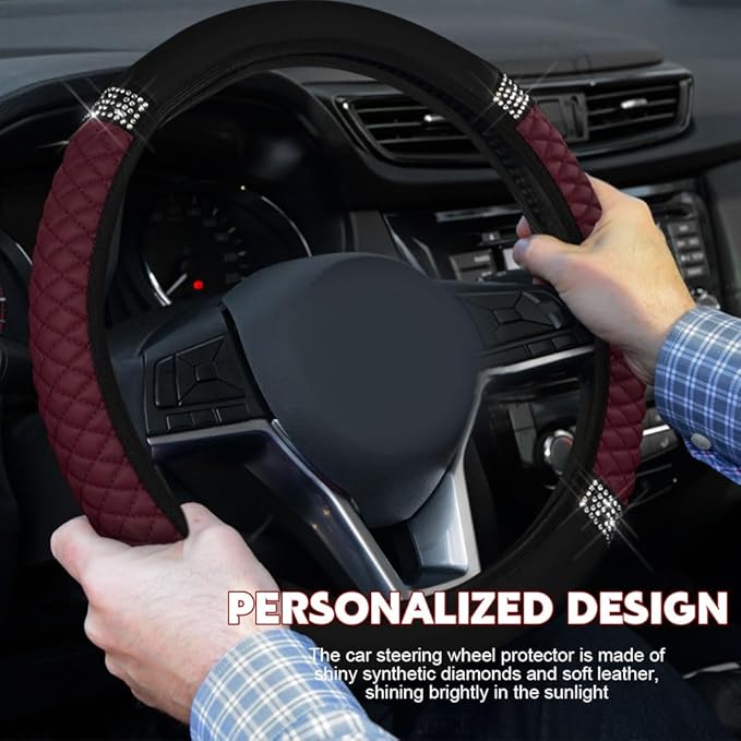 Car Steering Wheel Cover, Steering Wheel Accessories, Breathable Microfiber Leather Auto Wheels Protector, Universal 15 Inch Anti-Slip Protector for SUV Sedan Truck (Bling-Wine Red)