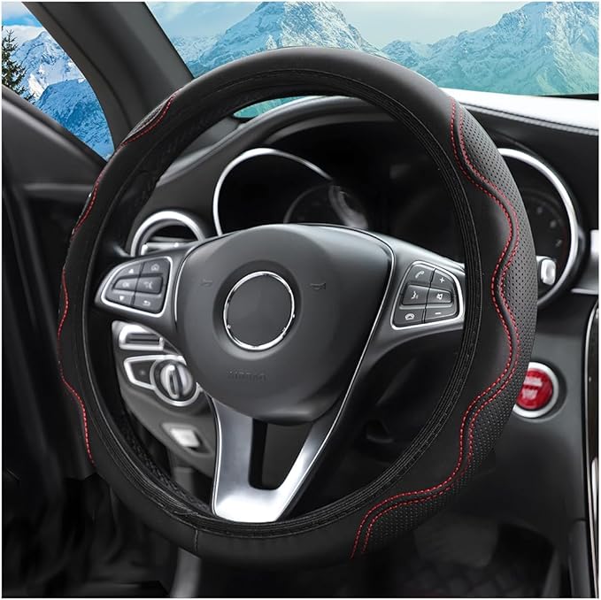 zipelo Elastic Stretch Steering Wheel Cover, Microfiber Breathable Ice Silk, Universal 15 Inch Anti-Slip Car Steering Wheel Protector, Warm in Winter and Cool in Summer for Women (Style2-Black/Red)