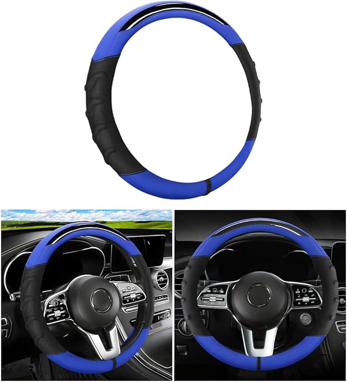 Car Steering Wheel Cover, Non-Slip Vehicle Steering Wheel Protector, Automotive Interior Accessories for Women Men, 15 Inch Universal for SUV, Truck, RV, Van and More（Black/Blue）