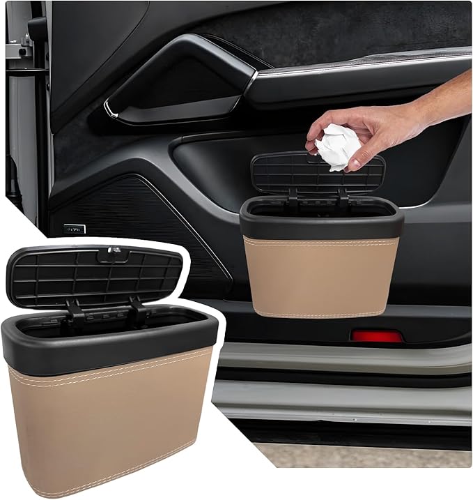 Car Trash Can with Lid, Leather Auto Dustbin Hanging Organizer with Mounting Clip, Multi-Purpose Leakproof Vehicle Garbage Bin Storage Container for Cars SUVs RVs (Beige)