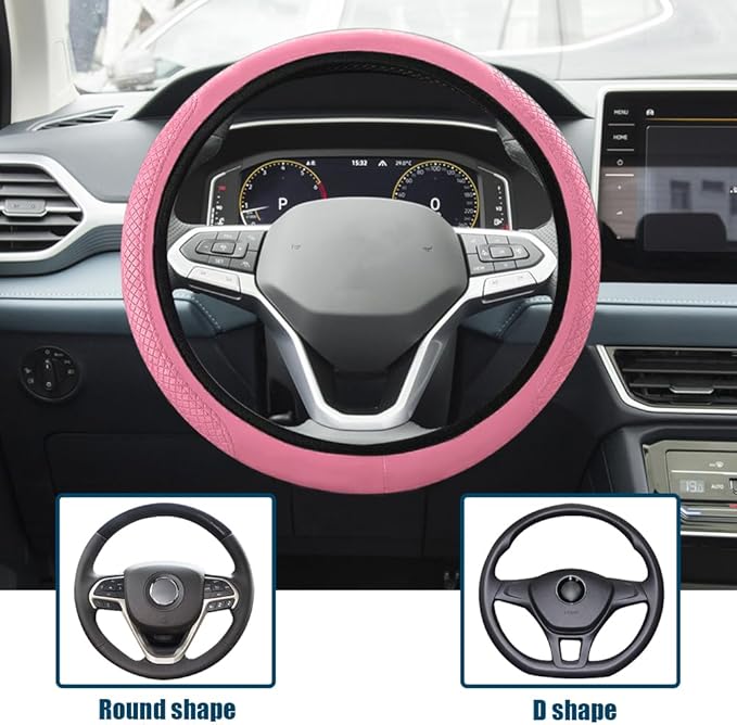 Car Steering Wheel Cover, Universal 14.5-15 Inch Pink Leather Steering Wheel Wrap with Better Sport Grip for Men Women, Anti-Slip Breathable Car Interior Accessories for Most Vehicles (Pink)