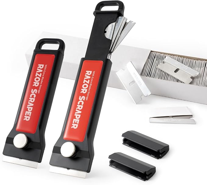 Gomake Razor Blade Scraper Tool with Blade Container 2PCS Cooktop Stove Scraper with Extra 100PCS Stainless Steel Blades for Glass,Paint and Old Label,Decal Sticker Remover, Stove Top Cleaning (W79)