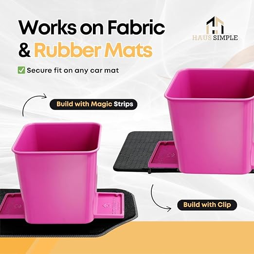 HAUSSIMPLE Car Trash Can 2L with Stability Wings & Velcro for Extra Stability – Magic Strip & Clip for Fabric & Rubber Mats – Durable Plastic, Easy Pull Trash Bags Included – Pink