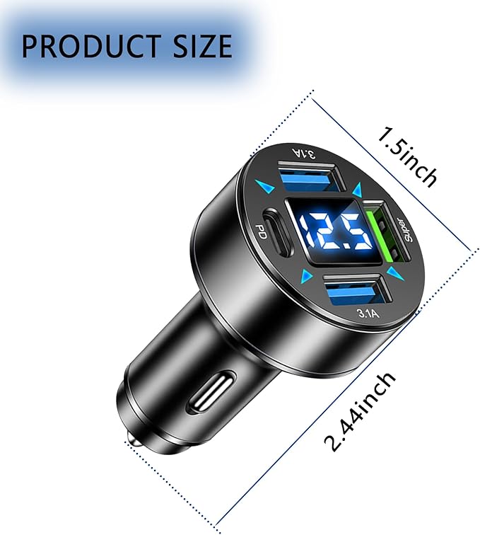 Fast Car Charger,4 Ports Cigarette Lighter USB Charger with LED Voltmeter,PD3.1/Super Port Car Charger Adapter Fast Charging,Compatible with iPhone/Android/Samsung Galaxy (PD/Super)
