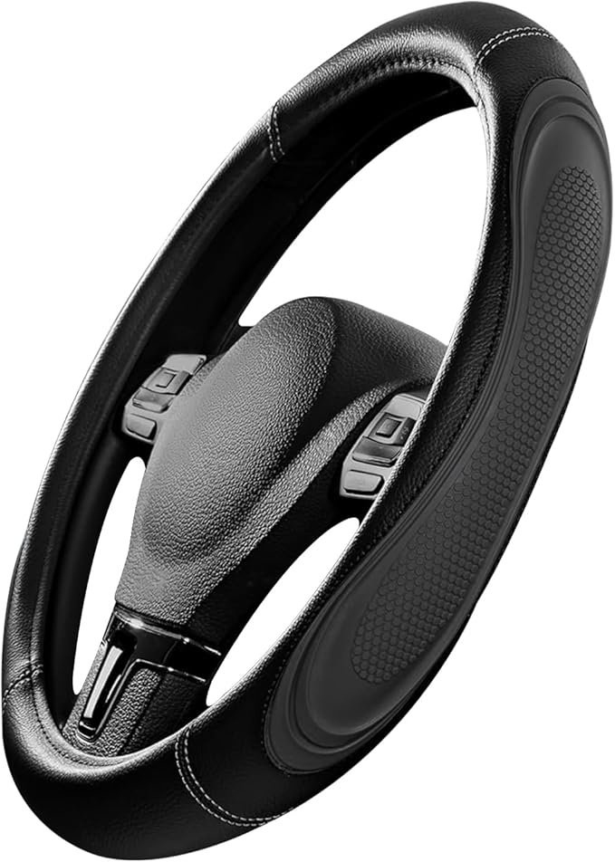 Black Film Splicing Leather Steering Wheel Cover, Microfiber Leather, Anti-Slip, Breathable, Universal Fit for 14.5–15 in Steering Wheel Cover for Men Women