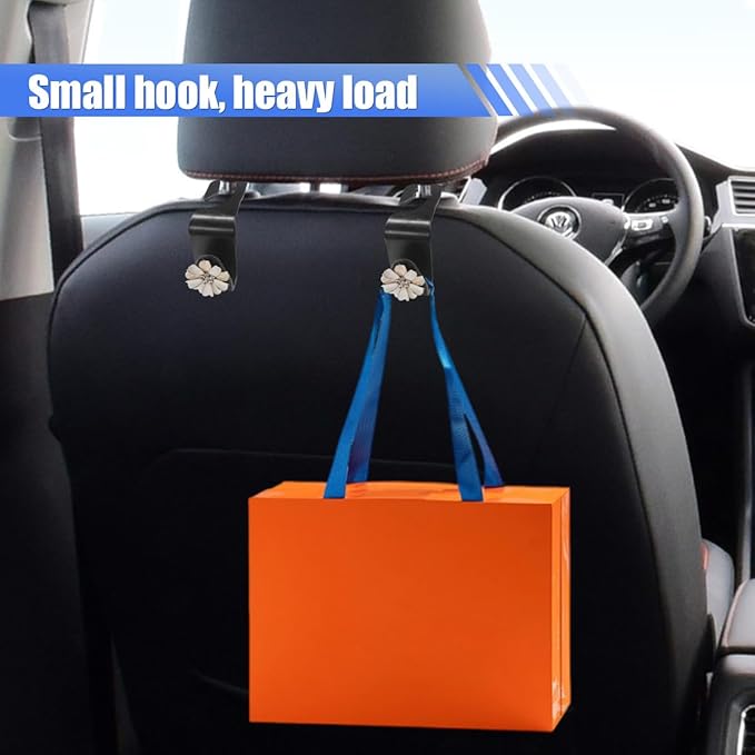 Craedli 2PCS Bling Flower Car Seat Headrest Hook, Cute Rhinestones Car Mini Hook Auto Back Seat Hanger Organizer, Portable Vehicle Interior Bag & Purse Storage Holder for SUV, Sedan, Truck (White)