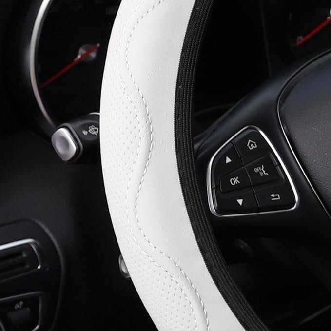 zipelo Elastic Stretch Steering Wheel Cover, Microfiber Breathable Ice Silk, Universal 15 Inch Anti-Slip Car Steering Wheel Protector, Warm in Winter and Cool in Summer for Women (Style2-White)