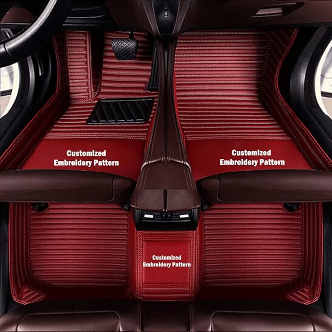 Custom Fit Car Floor Mats for Most Cars, SUVs, Trucks - Waterproof PU Leather All-Weather Floor Liners - Durable Anti-Slip Interior Car Accessories to Protect Vehicle Floors (Wine Red Strip)