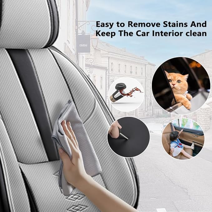 Premium Universal Car Seat Cover, Comfortable Leather Seat Cover for 96% of Models, Waterproof Car Seats Protectors Cushions for 5 Seats(Black+Grey,Pillows)