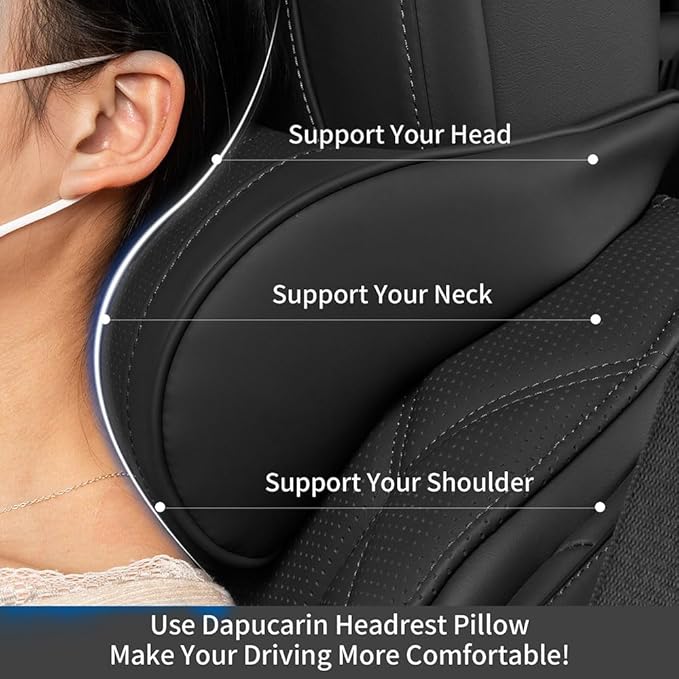 Dapucarin Car Headrest Memory Foam Neck Pillow for Driving with Leather Cover Soft Comfortable Seat Head Pillow Cushion for Most Cars SUV Sedan Home Office Black (2PC)