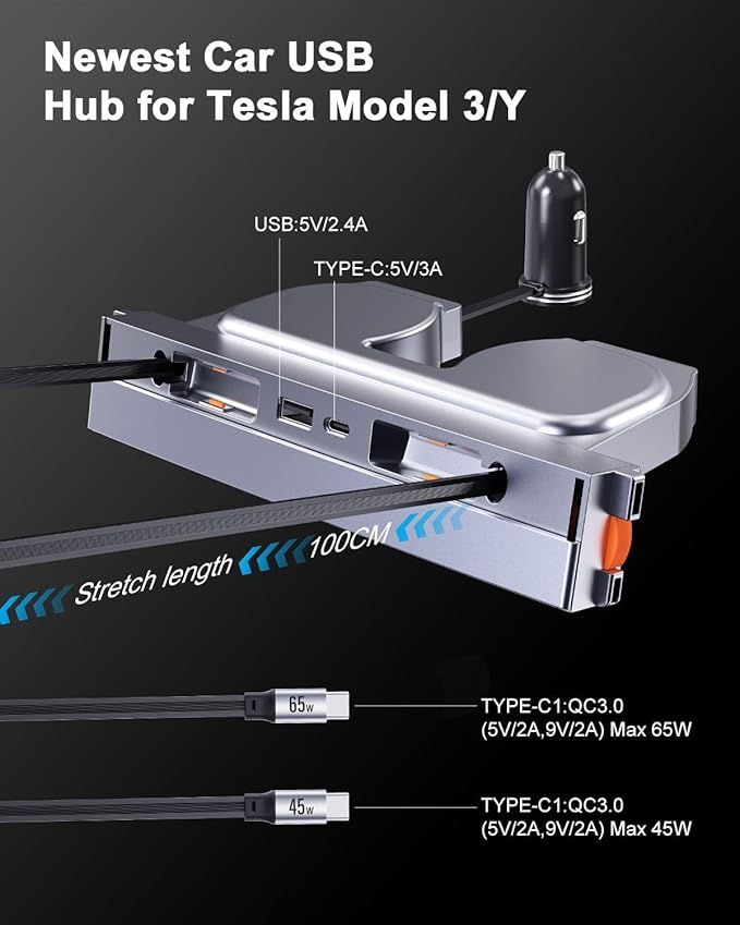 65W USB Hub for Tesla Model 3, New Model Y Juniper 2024 2025 2026 - Fast Charger for Tesla Model 3 Highland Accessories, Retractable Phone USB Charger Hub 4-Ports, 2 Type-C Cables