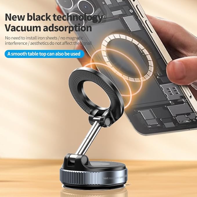 Vacuum Magnetic Car Phone Holder – 360° Rotatable, Reinforced 96LBS Suction Cup Mount Compatible with MagSafe for iPhone & Android, Portable for Car, Gym & Mirror (Black)