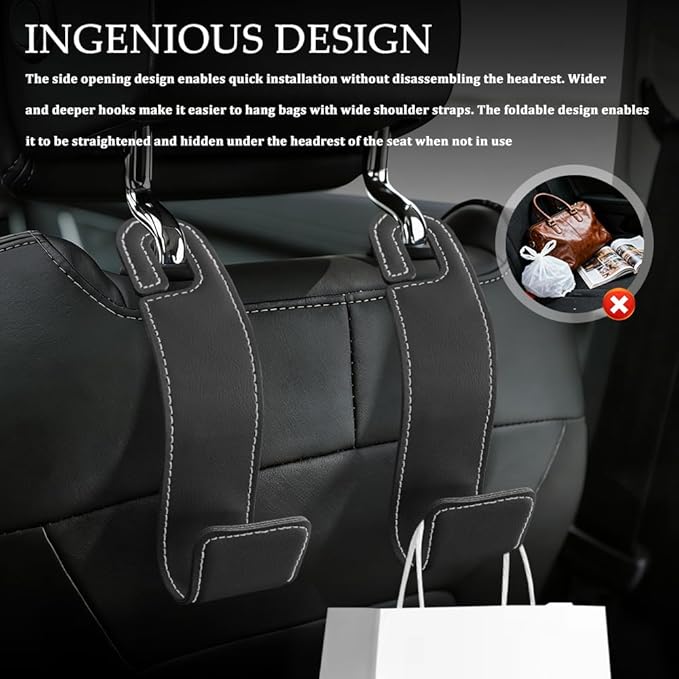 2PCS Purse Holder for Car, Purse Hook for Car, Leather Headrest Hooks for Automotive Back Seat, Auto Accessories Back Seat Organizer Hook for Grocery Bag Handbag Coat (Black, 2PCS)