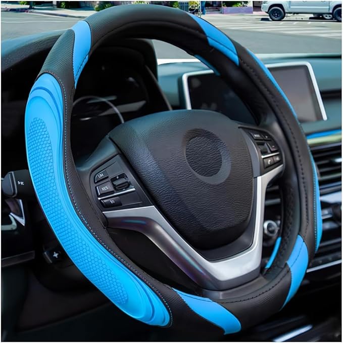 15 Inch Car Leather Steering Wheel Cover, Automotive Accessories Elastic Breathable Anti-Slip Soft Wheel Protector Fits Men and Women, Suitable for SUVs, Trucks, Vehicles and RVs (Blue)