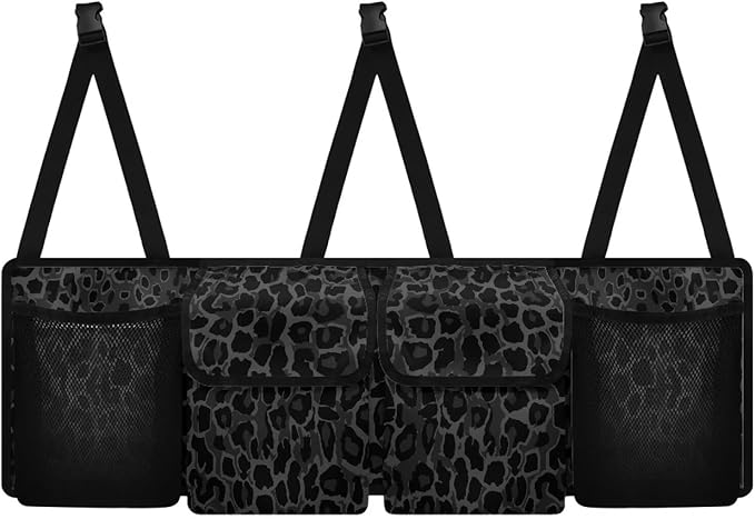 SEANATIVE Black Leopard Car Trunk Organizer, Backseat Hanging Storage with 4 Large Pockets, Collapsible Cargo Bag with Adjustable Straps Frees Trunk Floor, Suit for SUV, Truck, Van