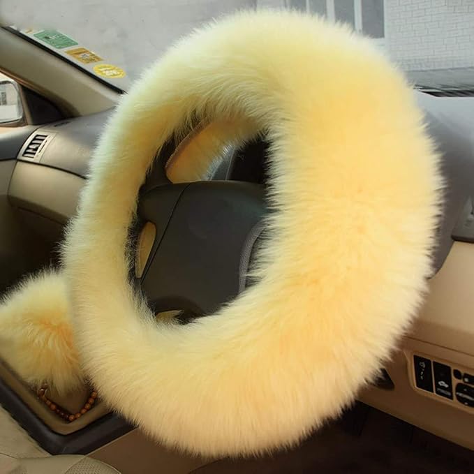 15inches Universal Leather Car Steering Wheel Cover Car Accessories Colorful Fuzzy Steering Wheel Cover Gear Shift Cover Handbrake Cover (Khaki)