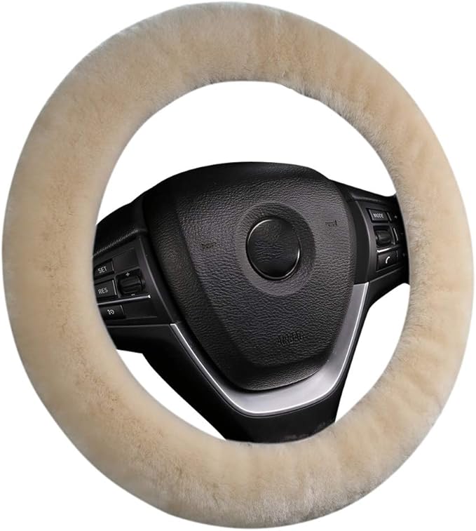 Soft Fluffy Warm Genuine Sheepskin Car Steering Wheel Cover, Fuzzy Fur Wool Protector for Winter Universal Car 14 1/2inch-15 1/2inch, Anti-Slip Comfortable Auto Accessories (Pearl)