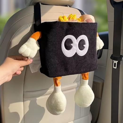 Hello Bro 2-in-1 Car Trash Can and Car Tissue Holder - Adorable Plush Design Car Trash Bin with Side Slot for Tissues, Easy Installation with Strap - Hanging Back Seat Car Organizer (Black)