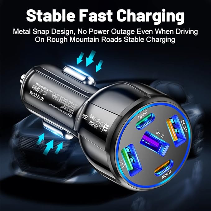 75W USB C Car Charger 5-Port Car Charger Adapter, PD & QC3.0 Fast Charging Cigarette Lighter USB Charger for iPhone/Android/Samsung Galaxy S10 S9 Plus (Black)