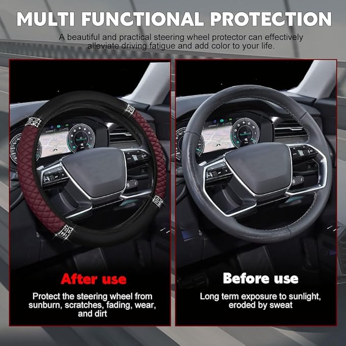 Car Steering Wheel Cover, Steering Wheel Accessories, Breathable Microfiber Leather Auto Wheels Protector, Universal 15 Inch Anti-Slip Protector for SUV Sedan Truck (Bling-Wine Red)