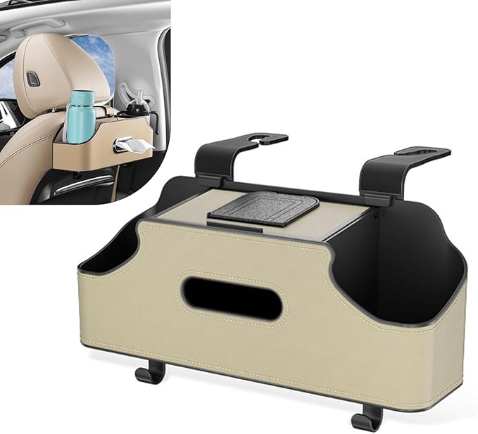 Car Back Seat Storage Box, Leather Car Seat Back Multifunctional Organizer, Detachable Partition Design Backseat Storage Box for Cars, Great Fit for Kids and Travel (Beige)