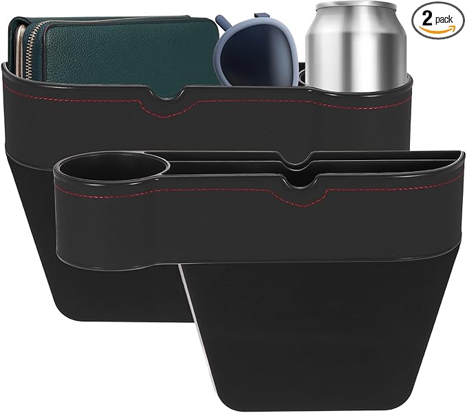 HARFINGTON 2pcs Car Seat Gap Filler Organizer 10.6 x 7.1 x 2.8 Inch ABS+Leather Universal Car Organizer Storage Box Between Seat and Console (Left+Right) with Cup Holders for Phone, Black