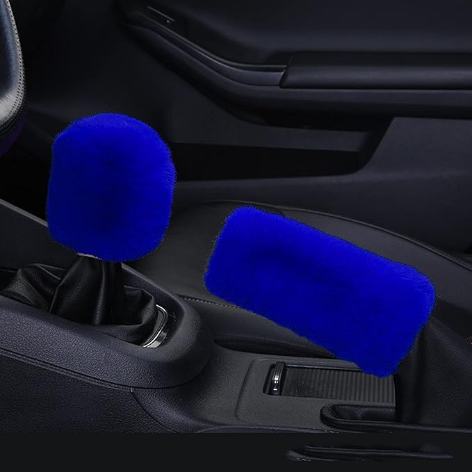 1 Set 6 Pcs Fluffy Car Steering Wheel Cover & Seat Belt Shoulder Pads & Handbrake Cover & Gear Shift Cover Set & Seat Belt Shoulder Pads Faux Wool Universal Fit Car Interior Accessories (Blue)