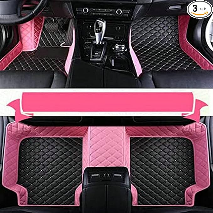 Custom Car Floor Mats Fit 96% Car Model Luxury Leather Waterproof Anti-Skid Full Coverage Liner Front Rear Mat/Set (Black Pink Stripe)