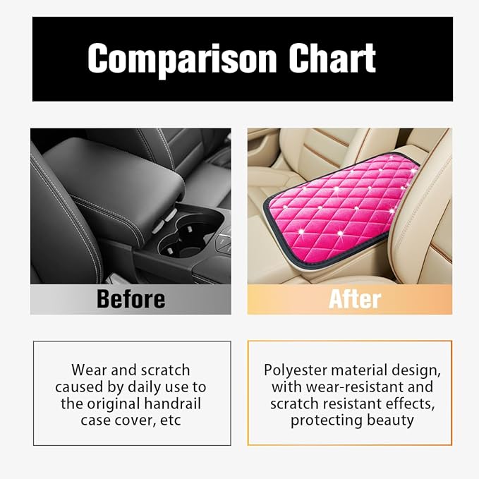 HZEL Bling Car Center Console Cover, Crystal Rhinestone Velvet Soft Vehicle Seat Armrest Box Protector Cushion, Comfortable Diamond Auto Arm Rest Mat Pad, Universal for Truck SUV Sedan (Rose Red)